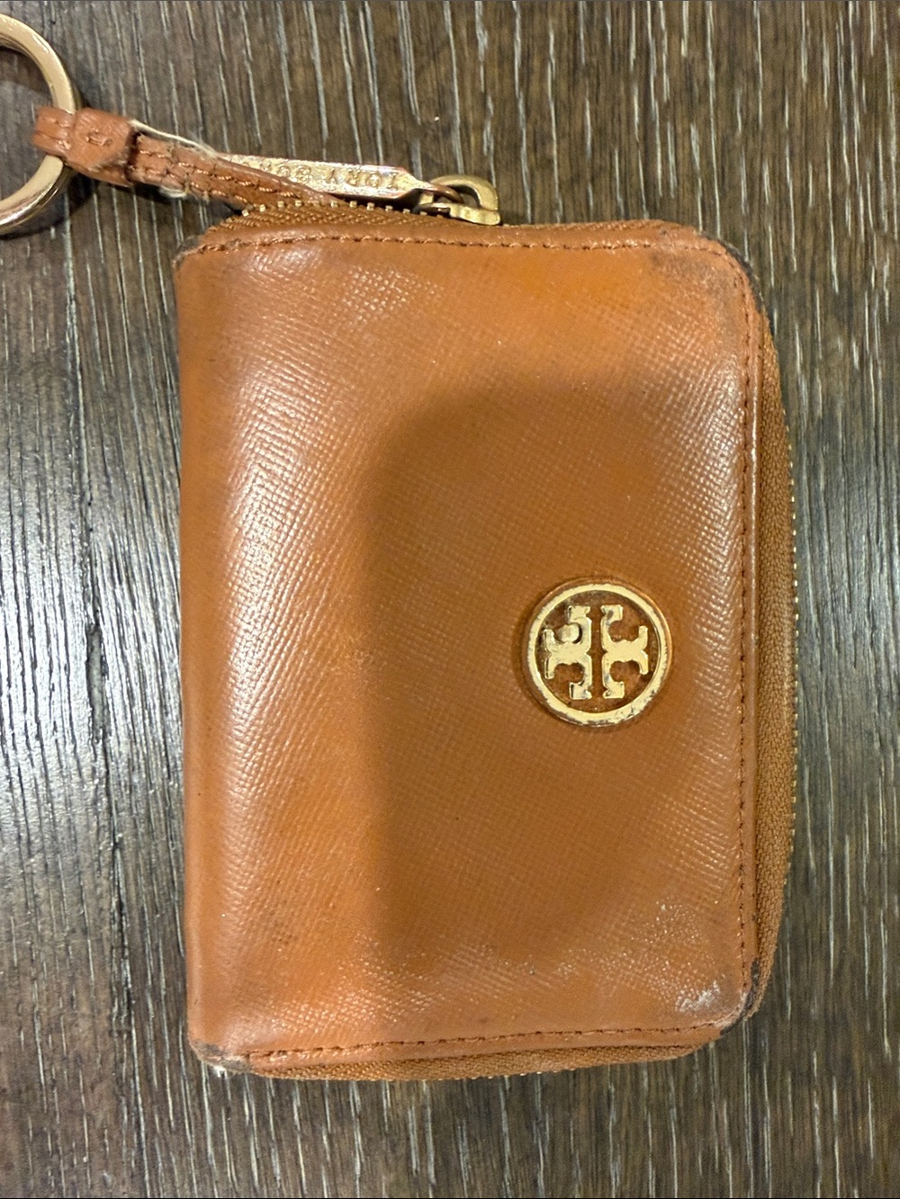Tory Burch Cognac Leather Zip Card Case with Gold Logo